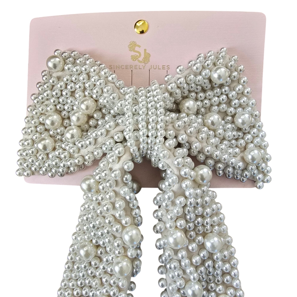 Sincerely Jules Pearl Beaded Large Bow Bride Wedding Hair Clip Piece Barrette - Picture 2 of 5